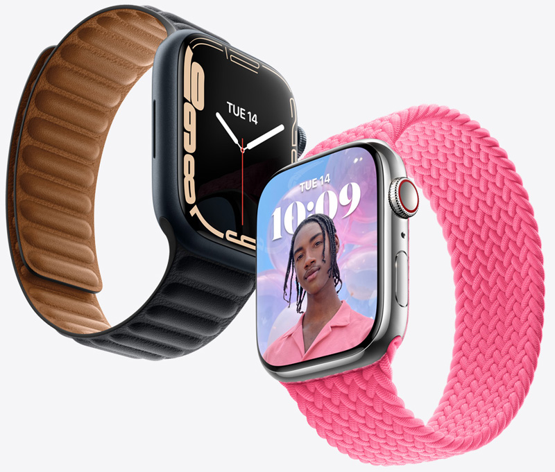 Apple Watch Series 7 - two examples, one with a pink band. Apple Watch is an expensive way to monitor your health if you have Long Covid