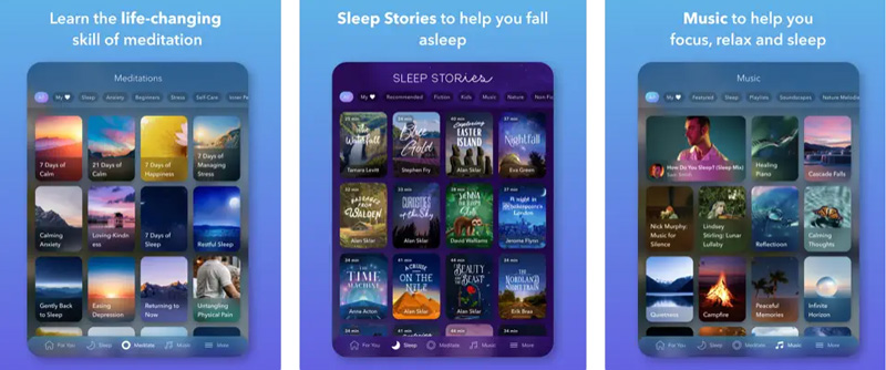 Calm meditation app show screens of meditation sessions, sleep stories and music. The best meditation apps for Long Covid.