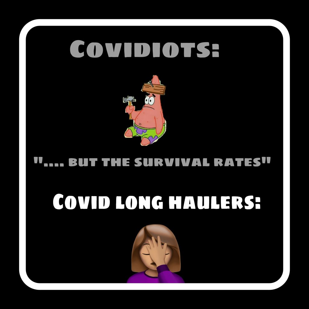 Meme: Image of Patrick Star hammering a nail through his head, labelled "Covidiots", saying "...But the survival rates" Underneath: A Facepalm emoji image labelled "Covid Long Haulers"