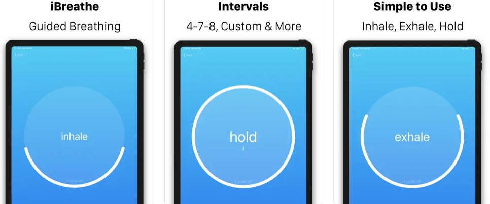 iBreathe app is a simple breathwork app. 3 screens showing inhald, hold and exhale. Good for people with Long Covid who need to relax or calm ANS symptoms.