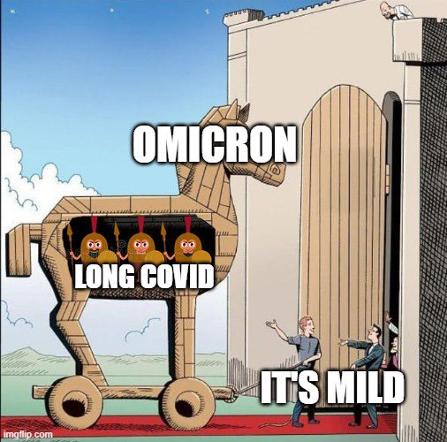 Meme: Trojan horse labelled "Omicron" with soldiers inside labelled "Long Covid". People opening the gates of the fortress labelled "It's Mild"
